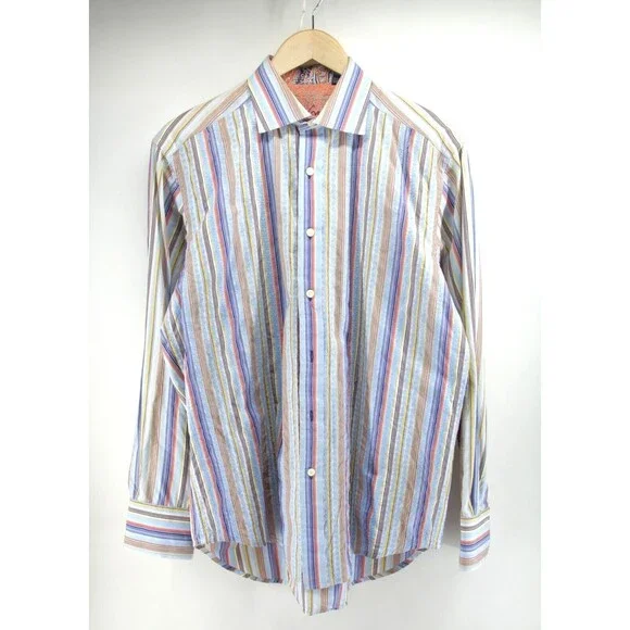 ROBERT GRAHAM Multi Color Stiped Flip Cuff Embroidery Button Down Shirt Medium - Picture 2 of 12